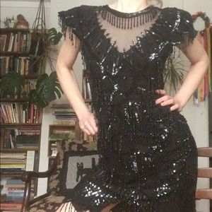 80s Laurence Kazar Med Beaded LBD Party Dress